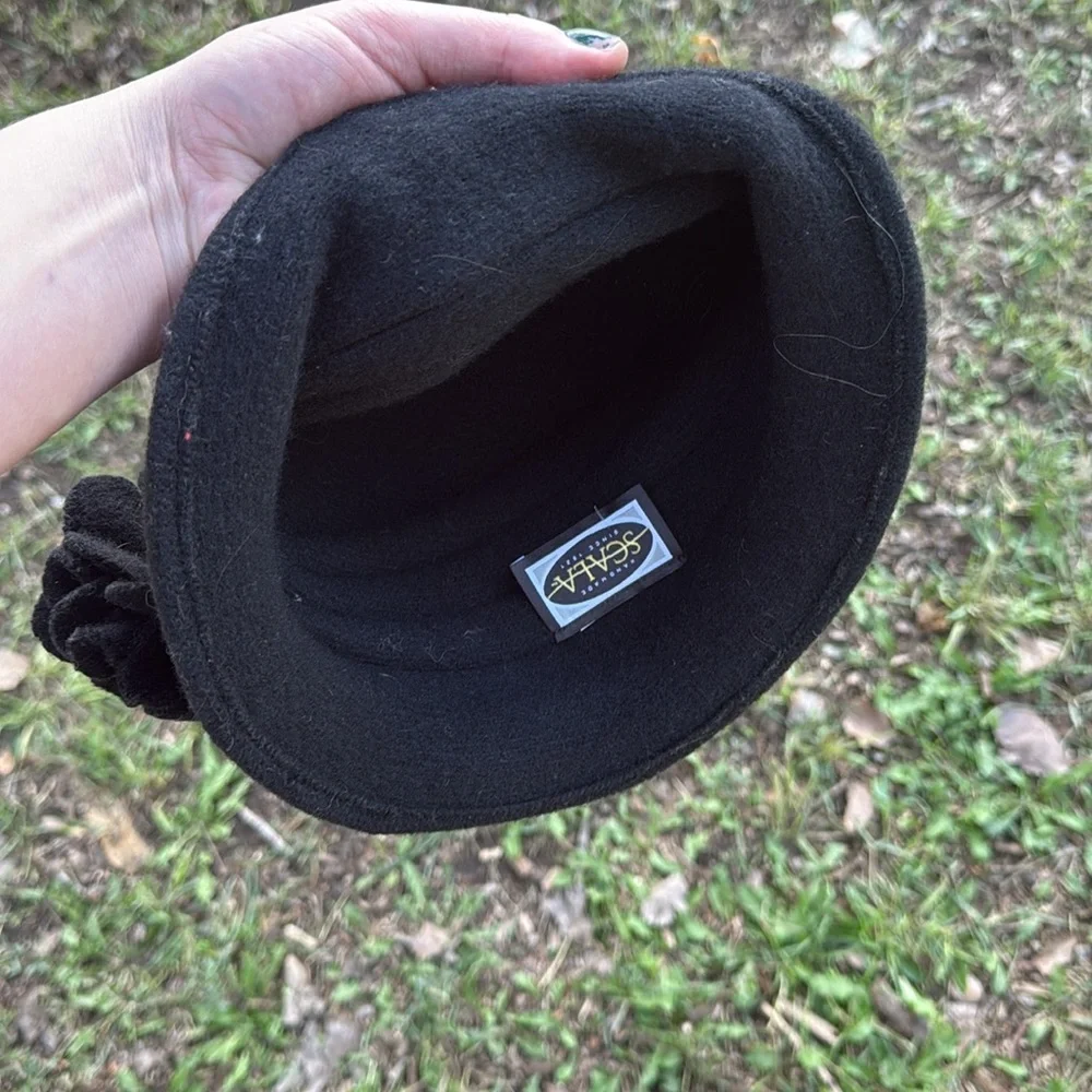 Scala Black Cloche Hat with Feather and Floral Detail handmade wool
